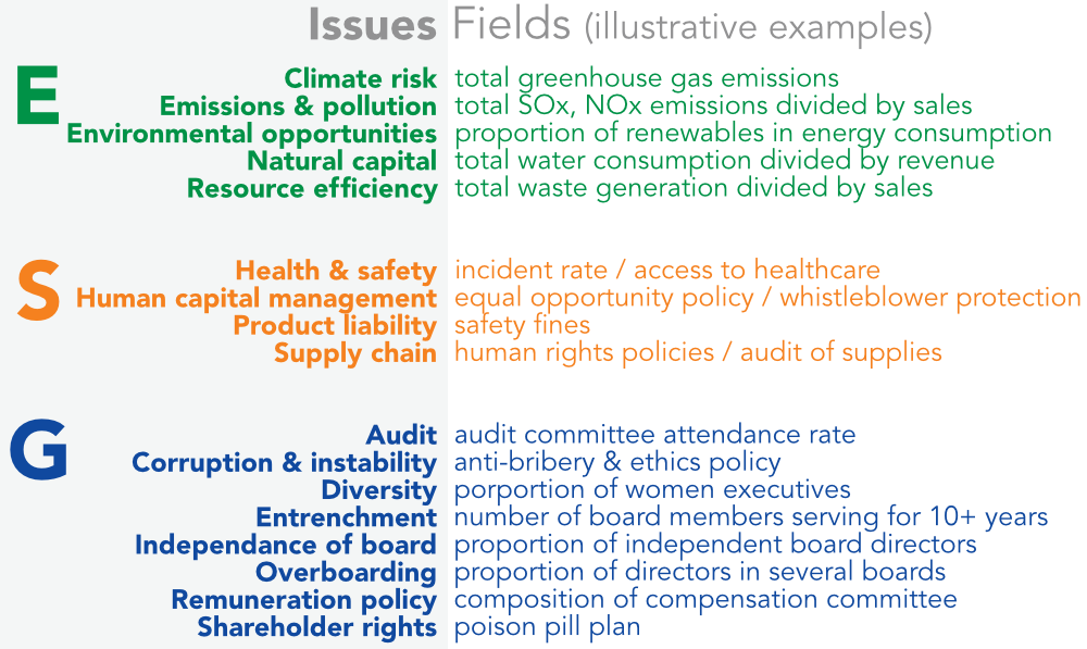 Representative categorization of ESG issues (and examples of related fields)